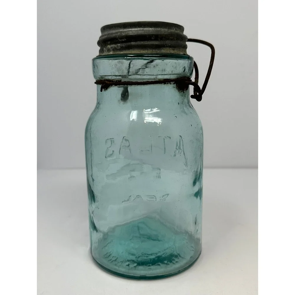 Vintage Atlas EZ Seal Aqua Blue Glass Mason Jar with Zinc Lid and Wire Bail A2
